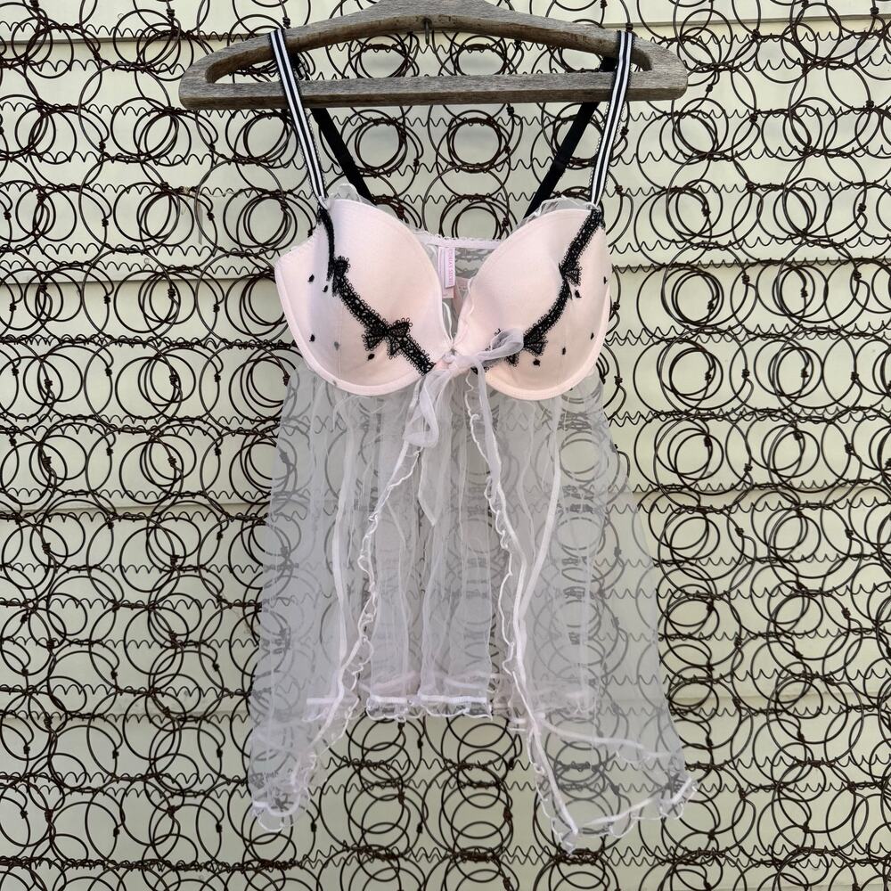 Victoria's Secret Babydoll Chemise Sexy Slip Pink Black Lace Sheer Push Up 36D